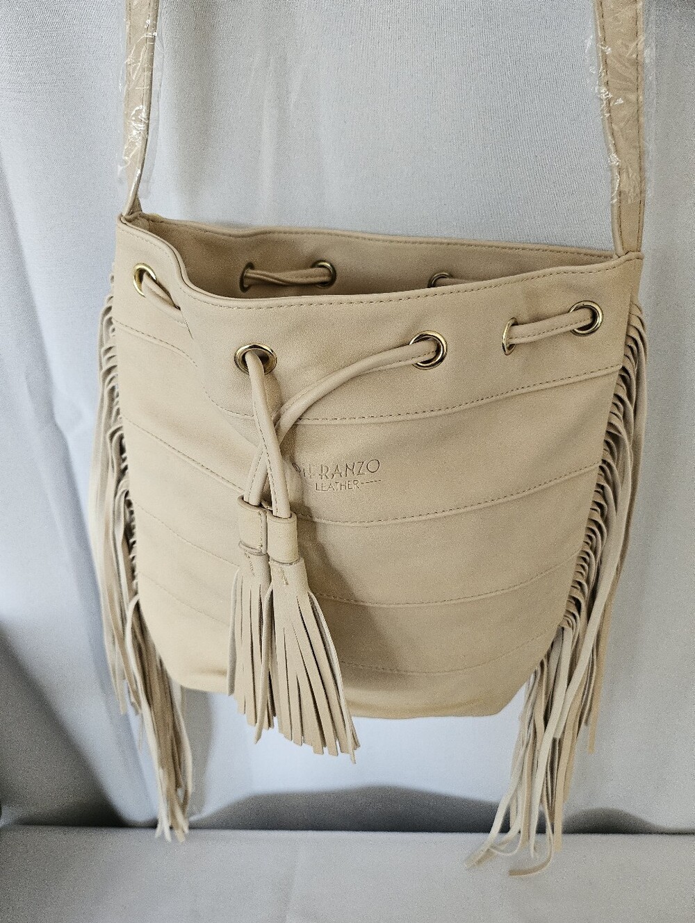 Difranzo cream Tan leather bucket bag genuine leather Crossbody Fringed Purse